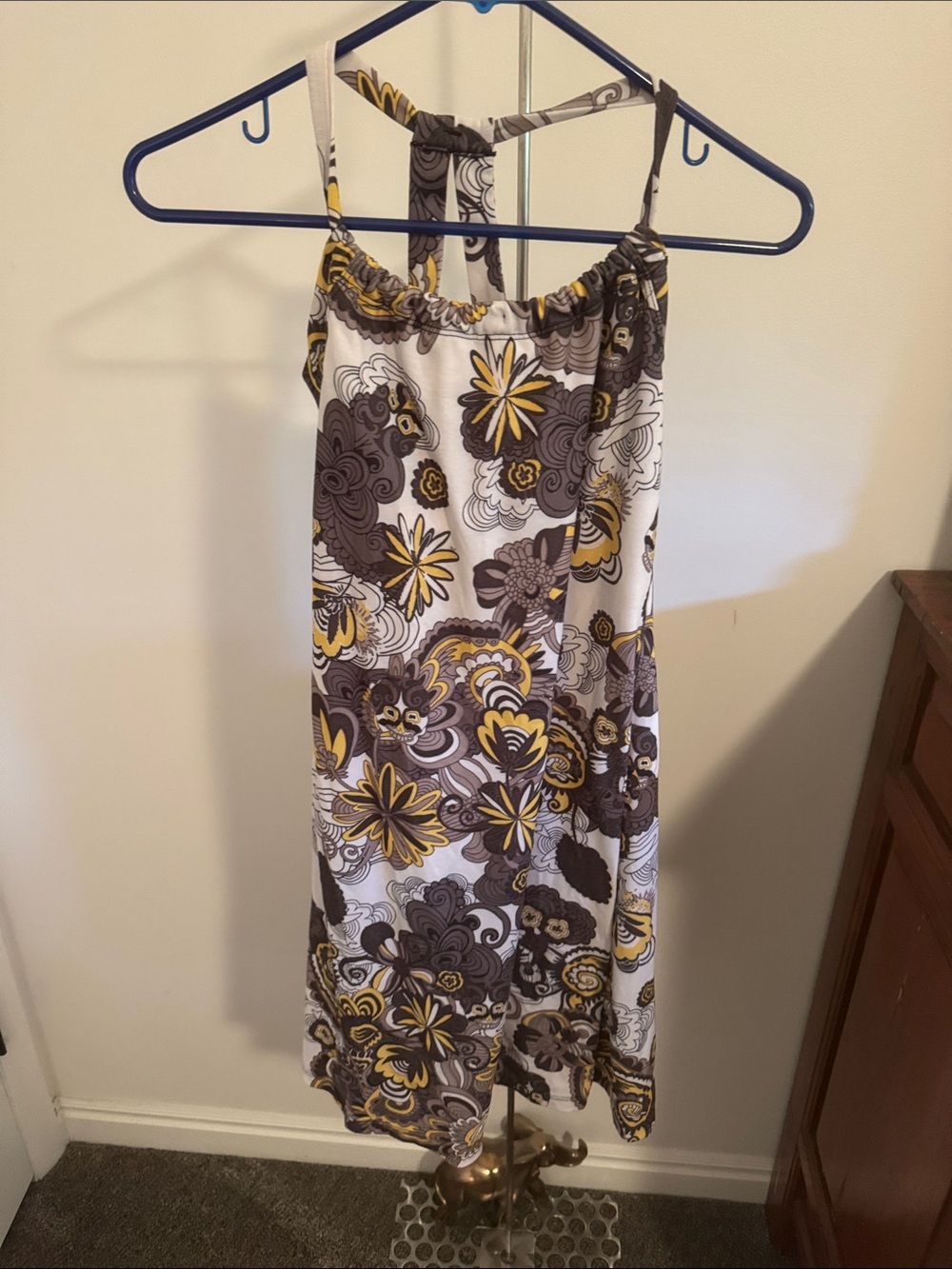 Prana Floral Halter Midi Dress in White, Yellow & Brown
